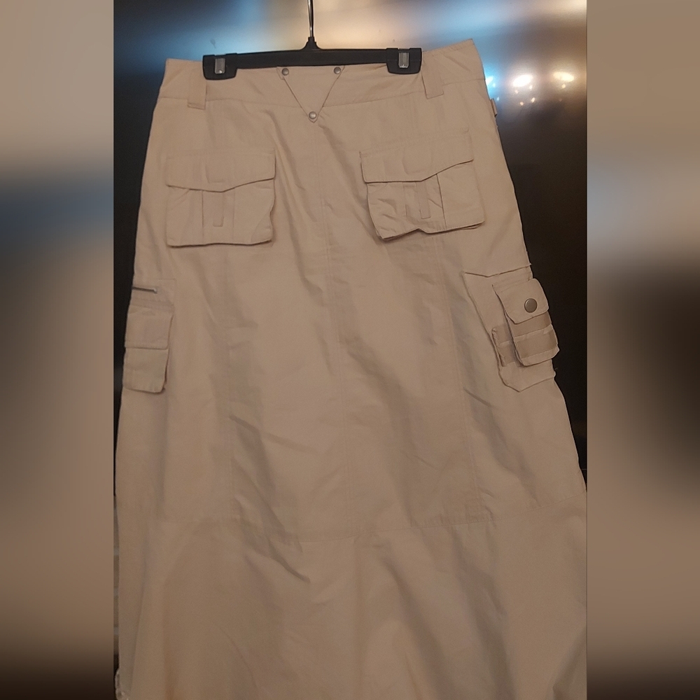 Y2K Utility Cargo Midi Skirt Cream Cotton Ruched Hem Deane White Sz 4 - Picture 9 of 13